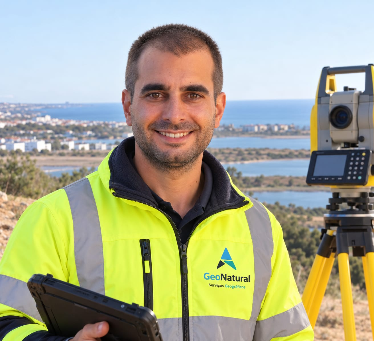 Gonçalo Gil, fundador da GeoNatural, junto a uma estação total no Algarve